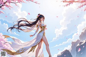 A woman in a white dress standing in front of a cherry blossom tree.