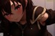 Anime girl with long black hair and red eyes.