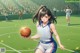 A woman holding a basketball on a basketball court.